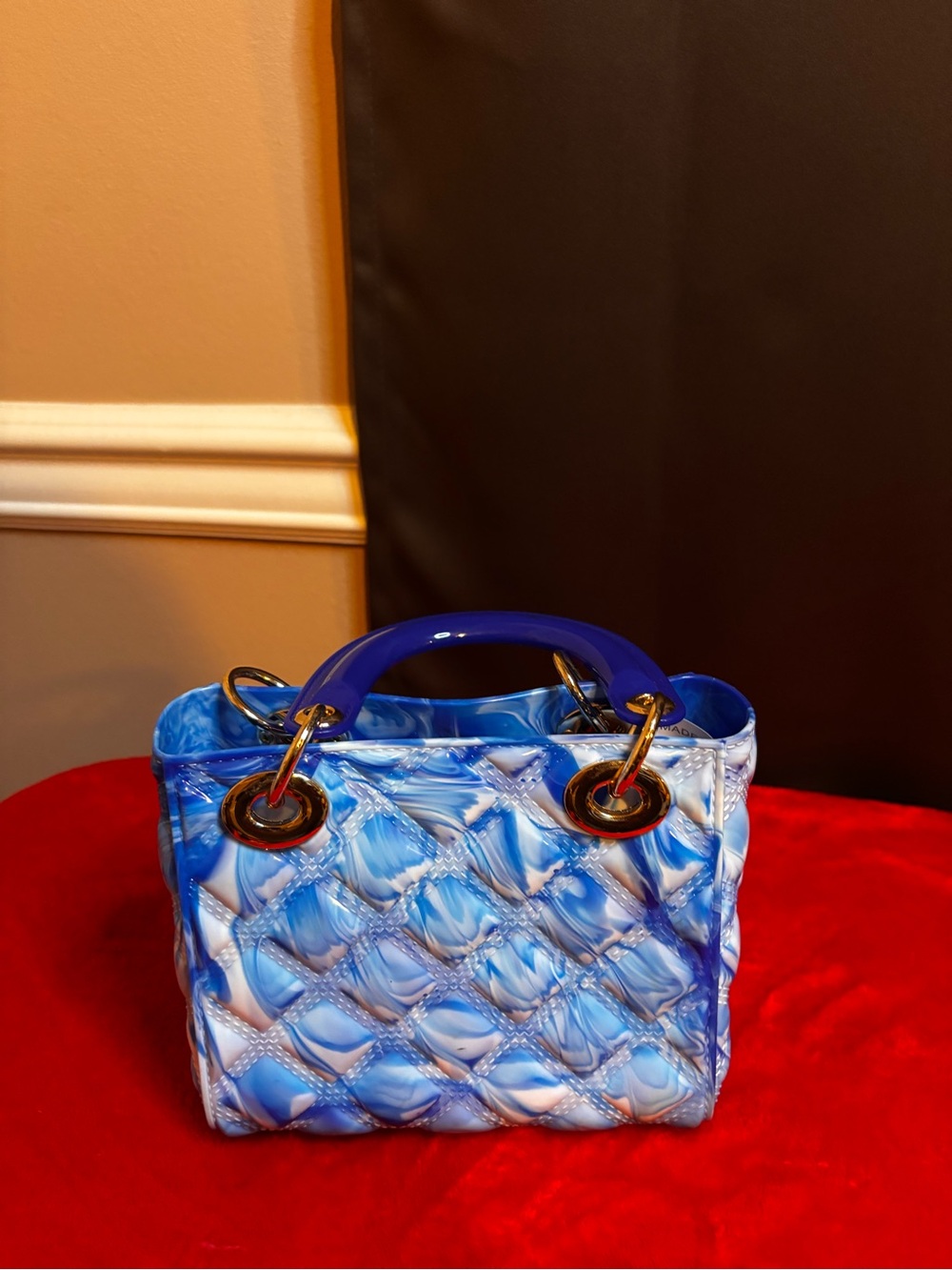 Blue Quilted Tote Bag with Glossy Handles